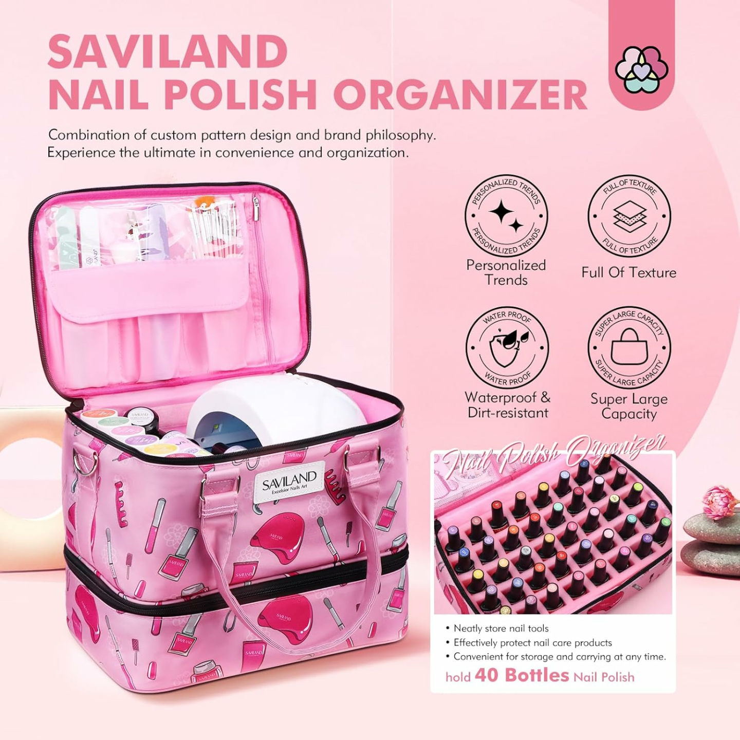 Nail Polish Organizer Bag for 40 Bottles & Lamp