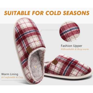 COFACE Mens Red Flano Plaid Cozy Memory Foam scuff Slippers Slip On Warm House Shoes Indoor/Outdoor With Best Arch Support Size 10