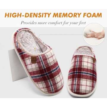COFACE Mens Red Flano Plaid Cozy Memory Foam scuff Slippers Slip On Warm House Shoes Indoor/Outdoor With Best Arch Support Size 10