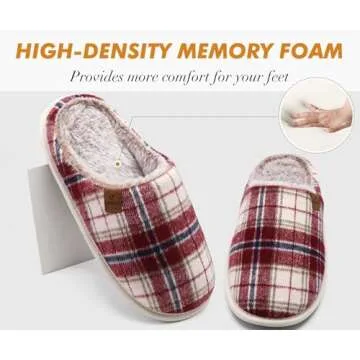 COFACE Mens Red Flano Plaid Cozy Memory Foam scuff Slippers Slip On Warm House Shoes Indoor/Outdoor With Best Arch Support Size 10