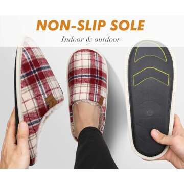 COFACE Mens Red Flano Plaid Cozy Memory Foam scuff Slippers Slip On Warm House Shoes Indoor/Outdoor With Best Arch Support Size 10