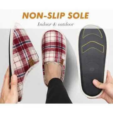 COFACE Mens Red Flano Plaid Cozy Memory Foam scuff Slippers Slip On Warm House Shoes Indoor/Outdoor With Best Arch Support Size 10