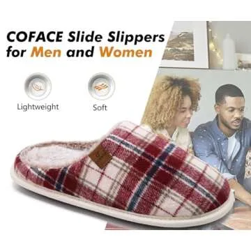 COFACE Mens Red Flano Plaid Cozy Memory Foam scuff Slippers Slip On Warm House Shoes Indoor/Outdoor With Best Arch Support Size 10