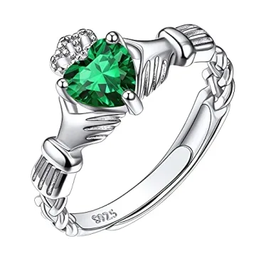 925 Sterling Silver Irish Claddagh Heart Promise Ring with Emerald