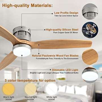 BOOMJOY 52” Low Profile Flush Mount Ceiling Fans with Lights and Remote Control Modern Living room Bedroom Indoor Outdoor Farmhouse Patios Garage Unique Industrial LED Wood 3 Blade DC Motor