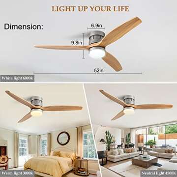 BOOMJOY 52” Low Profile Flush Mount Ceiling Fans with Lights and Remote Control Modern Living room Bedroom Indoor Outdoor Farmhouse Patios Garage Unique Industrial LED Wood 3 Blade DC Motor