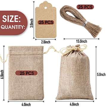 Homum 25Pcs Premium Burlap Gift Bags with Drawstring and 25Pcs Gift Tags & String, 4x6 Inch Reusable...