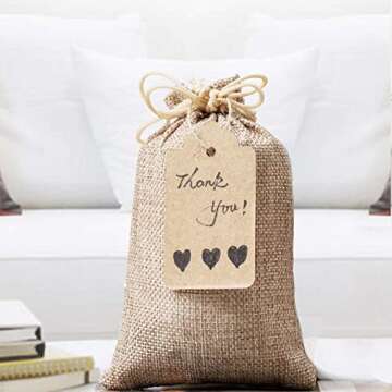 Homum 25Pcs Premium Burlap Gift Bags with Drawstring and 25Pcs Gift Tags & String, 4x6 Inch Reusable , Linen Sacks Bag for Wedding Favors Party Jewelry Pouches, Christmas, Coffee, DIY Craft Bags