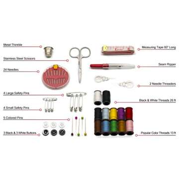 Sewing Kit for Adults Home Travel Camping and Emergency. Best Gift for Kids Girls Beginners. Quality Premium Mini Sew Supplies Set. Expansive Case with 100 Extra Pins and Safety Pins (Black, Small)