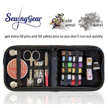 Sewing Kit for Adults Home Travel Camping and Emergency. Best Gift for Kids Girls Beginners. Quality Premium Mini Sew Supplies Set. Expansive Case with 100 Extra Pins and Safety Pins (Black, Small)