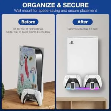 MEQI PS5 Wall Mount Kit Accessories with Charging Station, Metal Wall Hanging Stand with Multi-Mode RGB Light for Playstation 5/PS5 Slim/PS5 Pro Console Disc/Digital versions