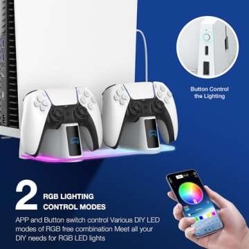 MEQI PS5 Wall Mount Kit Accessories with Charging Station, Metal Wall Hanging Stand with Multi-Mode RGB Light for Playstation 5/PS5 Slim/PS5 Pro Console Disc/Digital versions