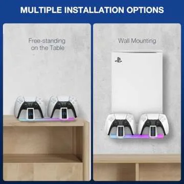 MEQI PS5 Wall Mount Kit Accessories with Charging Station, Metal Wall Hanging Stand with Multi-Mode RGB Light for Playstation 5/PS5 Slim/PS5 Pro Console Disc/Digital versions