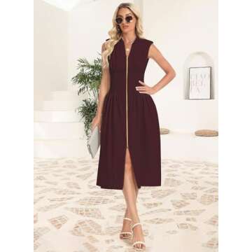 GUNEST Womens Burgundy Dress Deep V Neck Zip Up Cap Sleeve Smocked Elastic Waist Split Summer Casual Midi Dress with Pockets