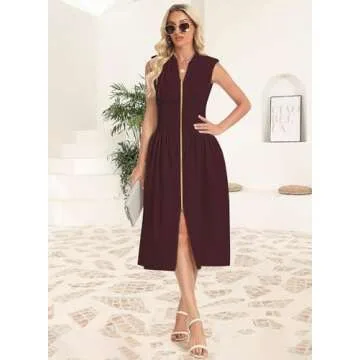 GUNEST Womens Burgundy Dress Deep V Neck Zip Up Cap Sleeve Smocked Elastic Waist Split Summer Casual Midi Dress with Pockets
