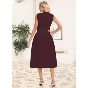 GUNEST Womens Burgundy Dress Deep V Neck Zip Up Cap Sleeve Smocked Elastic Waist Split Summer Casual Midi Dress with Pockets