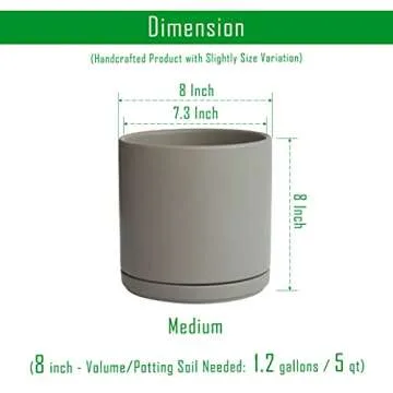 D'vine Dev 8 Inch Ceramic Planter Pot with Drainage Hole and Saucer, Indoor Cylinder Round Planter Pot, Grey, 94-O-D-3