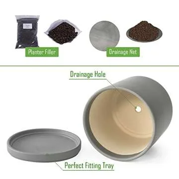 D'vine Dev 8 Inch Ceramic Planter Pot with Drainage Hole and Saucer, Indoor Cylinder Round Planter Pot, Grey, 94-O-D-3