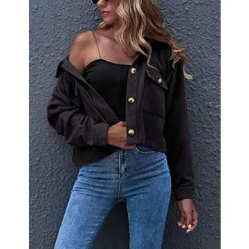 Gihuo Women's Fashion Cropped Shacket Button Down Corduroy Shacket Jackets Casual Plaid Long Sleeve ...