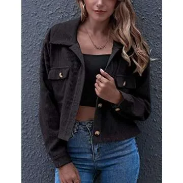Gihuo Women's Fashion Cropped Shacket Button Down Corduroy Shacket Jackets Casual Plaid Long Sleeve Crop Jackets Tops (Black, XS)