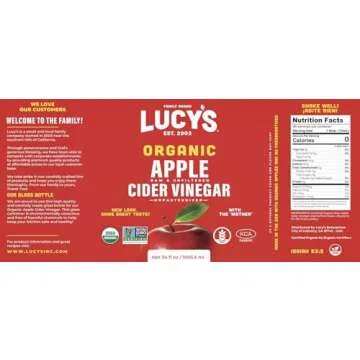 Lucy's Family Owned - USDA Organic NonGMO Raw Apple Cider Vinegar, Unfiltered, Unpasteurized, With the Mother, 34oz GLASS Bottle