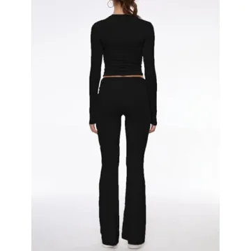 AnotherChill Women's 2 Piece Lounge Sets Fold-over Flare Pants Set Long Sleeve Cropped Top Casual Outfits Pajamas (Black, Small)