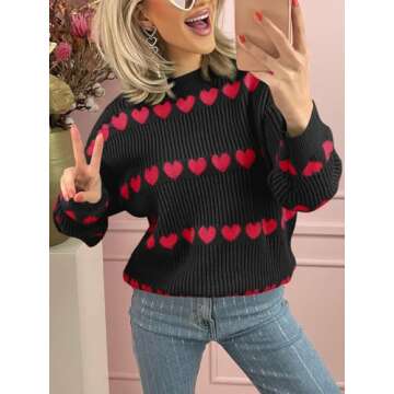 Saodimallsu Womens Heart Sweater Valentine Crew Neck Cute Ribbed Knit Loose Casual Pullover Sweaters Tops Black