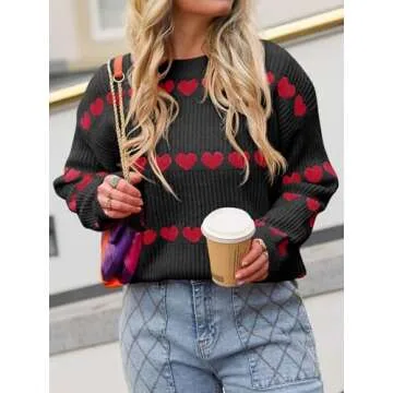 Saodimallsu Womens Heart Sweater Valentine Crew Neck Cute Ribbed Knit Loose Casual Pullover Sweaters Tops Black
