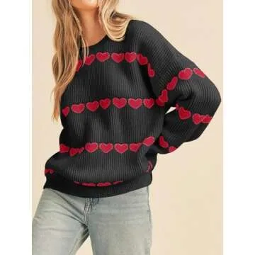 Saodimallsu Womens Heart Sweater Valentine Crew Neck Cute Ribbed Knit Loose Casual Pullover Sweaters Tops Black