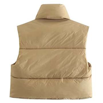 KEOMUD Women's Winter Crop Vest Lightweight Sleeveless Warm Outerwear Puffer Vest Padded Gilet Khaki Medium