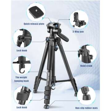 CAMBOFOTO 62"-Camera-Tripod, Lightweight Travel Compatible DSLR/Phone/Camcorder, Aluminum Tri Pod with Holder and Travel Bag. (Black, Weight 2.8Lb, Max Load 4.9 Lb)