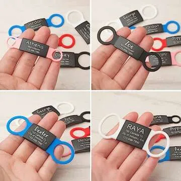 Anavia Slide On Silent Pet ID Tags, S/M/L/XL Personalized Black Stainless Steel Colored Silicone Cat Dog Name Tag, Customized Engraved Nameplate, Quiet Chew-Proof Pet Collar Tag (Black, Large)