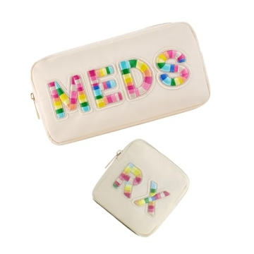uekeboag 2Pcs Personalized Nylon Rx MEDS Cosmetic Bag, Cute Chenille Letter Patch Medicine Drug Pouc...