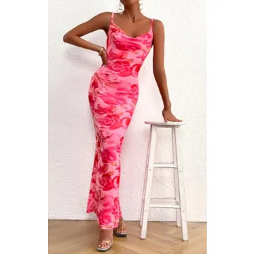 PRETTYGARDEN Floral Summer Wedding Guest Dresses for Women Adjustable Straps Sexy Dress Sleeveless Mesh Bodycon Maxi Dress (Pink Flower, Medium)