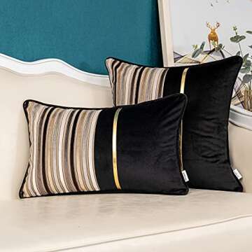 Yangest Black Striped Velvet Pillow Cover - 12x20 Inches