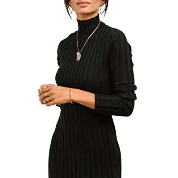 MEROKEETY Women's 2024 Ribbed Long Sleeve Sweater Dress High Neck Slim Fit Knitted Midi Dress, Black, L