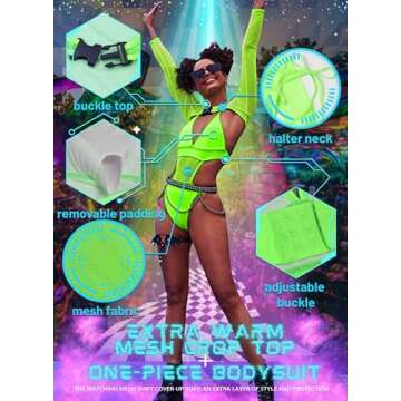 Rave Outfits for Womens - EDC Festival Neon Bodysuit Long Swimsuits Mesh Buckle Shrug Crop Top Club ...