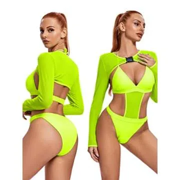 Rave Outfits for Womens - EDC Festival Neon Bodysuit Long Swimsuits Mesh Buckle Shrug Crop Top Club Party 2 Pcs Set(Green,S,1017e)
