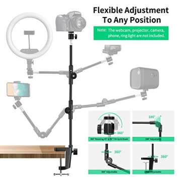 Webcam Stand Camera Mount with Phone Holder & 5/8" Screw, 22in Flexible Projector Stand Gooseneck Desk Mic Stand for Logitech C922 C930e C920 C615 C960 Brio 4K, GoPro, Blue Yeti Snowball Ice
