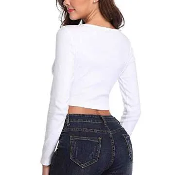 FENSACE Crop Tops for Women Trendy Going Out Y2K Sexy Fall Tops 2024 White Long Sleeve Knit Shirts(White,Small)