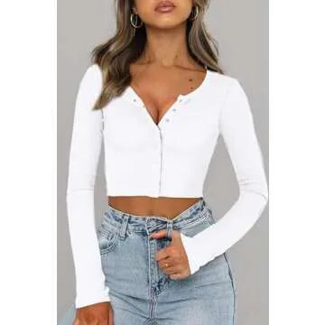 FENSACE Crop Tops for Women Trendy Going Out Y2K Sexy Fall Tops 2024 White Long Sleeve Knit Shirts(White,Small)