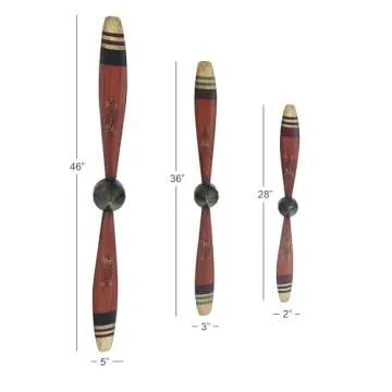 Deco 79 Metal Airplane Propeller Home Wall Decor 2 Blade Wall Sculpture with Aviation Detailing, Set of 3 Wall Art 28", 36", 46"W, Red