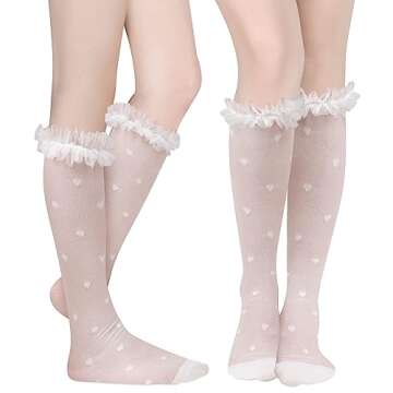 Benefeet Sox Womens Girls White Lace Knee High Socks Frilly Ruffle Sheer Mesh Fishnet Knee High Stoc...