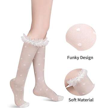 Benefeet Sox Womens Girls White Lace Knee High Socks Frilly Ruffle Sheer Mesh Fishnet Knee High Stockings Novelty Fancy Dress Socks Lolita Calf Socks See Through Transparent Trouser Socks White Ruffle