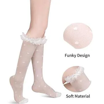 Benefeet Sox Womens Girls White Lace Knee High Socks Frilly Ruffle Sheer Mesh Fishnet Knee High Stockings Novelty Fancy Dress Socks Lolita Calf Socks See Through Transparent Trouser Socks White Ruffle