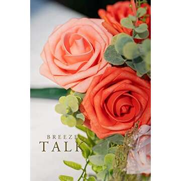 Breeze Talk Artificial Flowers Coral Roses 25pcs Realistic Fake Roses w/Stem for DIY Wedding Bouquet...