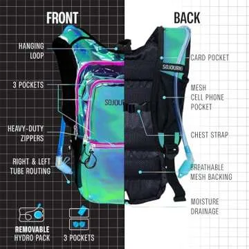 SOJOURNER Rave Hydration Pack Backpack - 2L Water Bladder Included for Festivals, Raves, Hiking, Biking, Climbing, Running and More (Medium) (Laser Holographic - Purple)