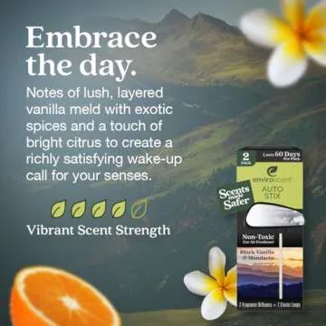 Enviroscent Non-Toxic Car Air Freshener (Black Vanilla & Mandarin) Natural Car Air Freshener | Essential Oil Diffuser | Car Scent Lasting Over 180 Days | 3 Packs of 2 Hanging Auto Stix