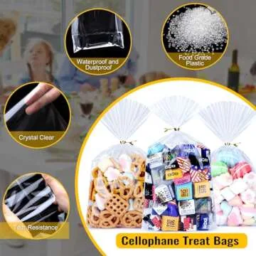 MORIDA 100pcs 6x10 Inch Clear Cellophane Treat Bags with 5" Twist Ties - Crystal Clear, Thick & Durable, Perfect for Party Favors, Cookies, Candies, Snacks & More