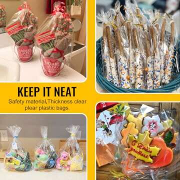 MORIDA 100pcs 6x10 Inch Clear Cellophane Treat Bags with 5" Twist Ties - Crystal Clear, Thick & Durable, Perfect for Party Favors, Cookies, Candies, Snacks & More